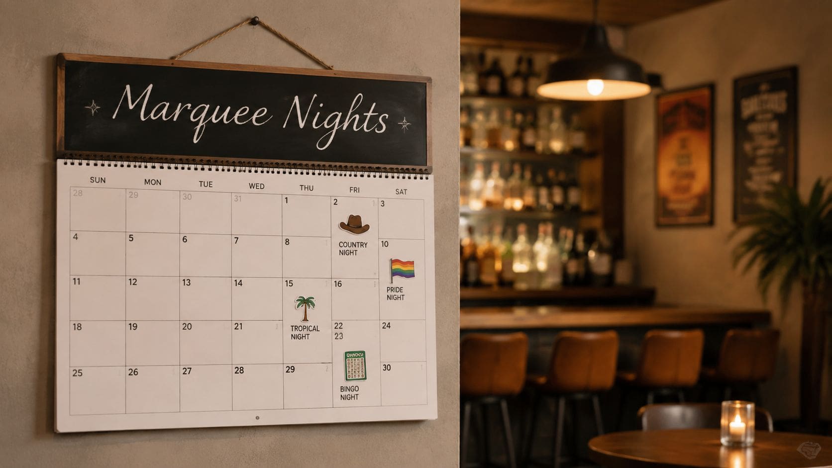 A calendar for a bar titled Marquee Nights hanging on a wall showing various themed event nights.