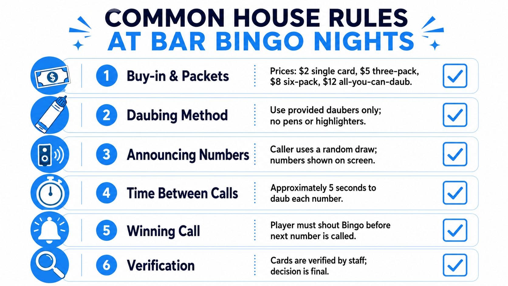 A list of six common house rules for playing bingo at a bar with associated icons.